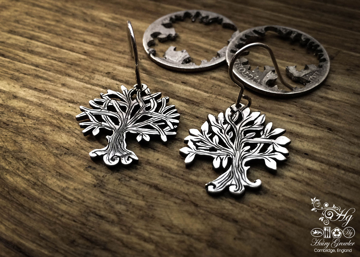 handcrafted and recycled silver Georgian shilling tree of life earrings made in Cambridge