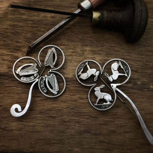 The Pennies from Heaven collection by Hairy Growler Jewellery, Cambridge, UK. Original Irish hare threepence coin triple hare brooch.