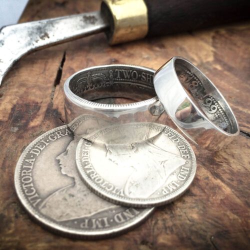 Handcrafted and recycled silver coin wedding rings