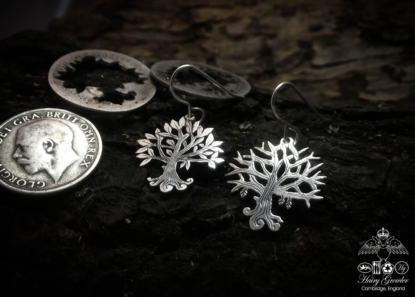 tree earrings handmade and upcycled silver Georgian shilling tree of life earrings made in Cambridge