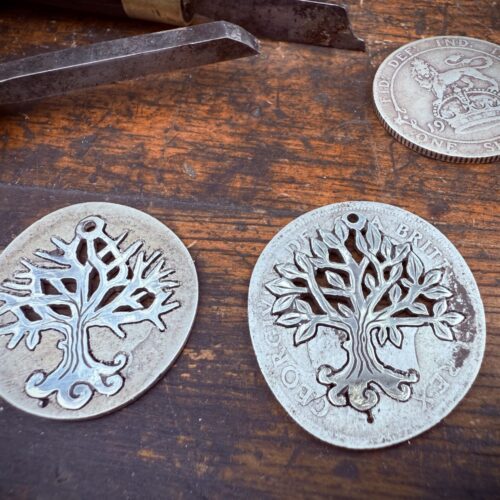 tree earrings handmade and upcycled silver Georgian shilling tree of life earrings made in Cambridge