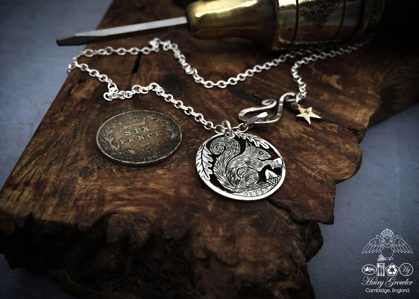Handmade and repurposed silver sixpence coin squirrel pendant necklace