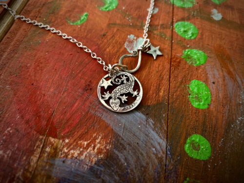 Handmade and repurposed silver sixpence coin lizard pendant necklace