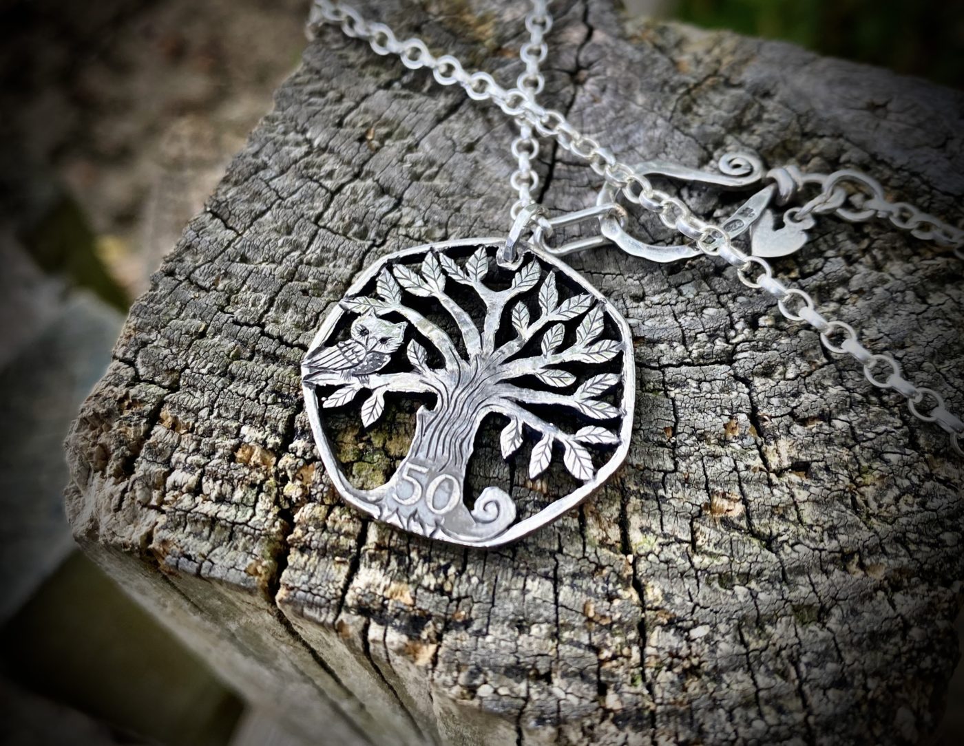 repurposed coin owl in tree necklace pendant