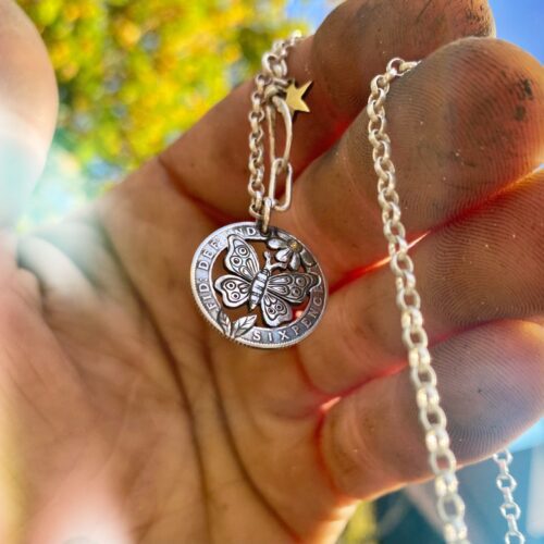 Handmade and repurposed solid silver sixpence coin Butterfly pendant necklace