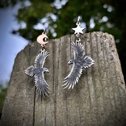 handcrafted and repurposed silver coin and spoon, flatware nevermore raven earrings