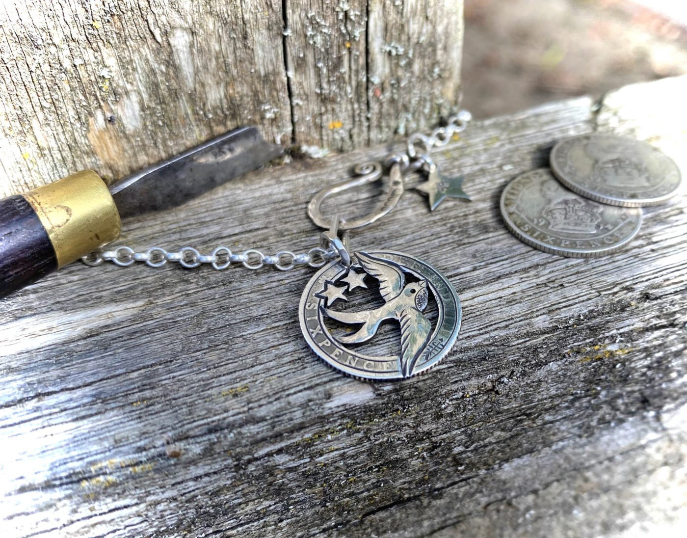 Handcrafted and repurposed silver sixpence coin birdsong swallow pendant necklace