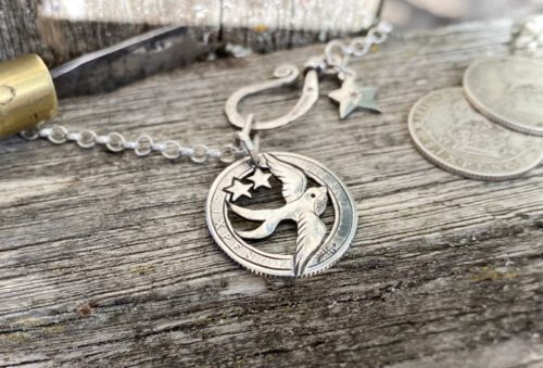 Handcrafted and repurposed silver sixpence coin birdsong swallow pendant necklace