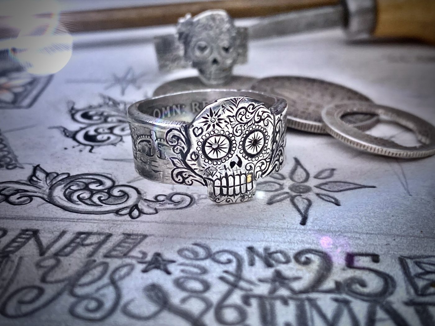 Day of the dead ring. Handmade, repurposed, upcycled, original silver coin day of the dead sugar skull rings