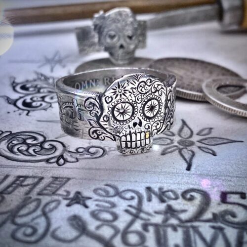 Day of the dead ring. Handmade, repurposed, upcycled, original silver coin day of the dead sugar skull rings
