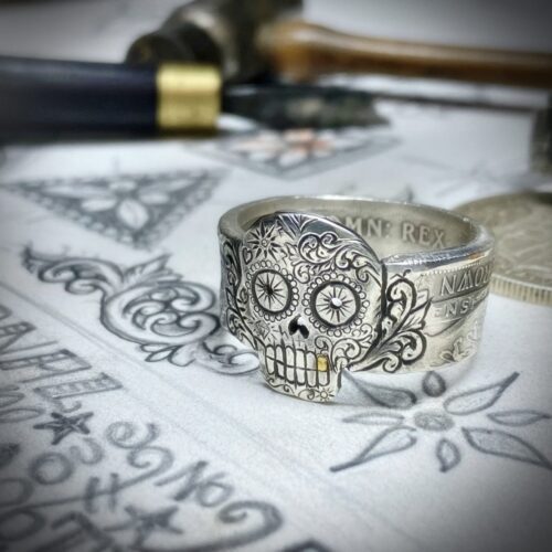 Day of the dead ring. Handmade, repurposed, upcycled, original silver coin day of the dead sugar skull rings