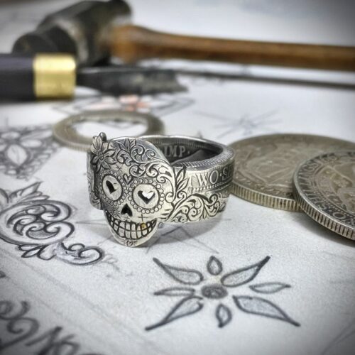 Day of the dead ring. Handmade, repurposed, upcycled, original silver coin day of the dead sugar skull rings