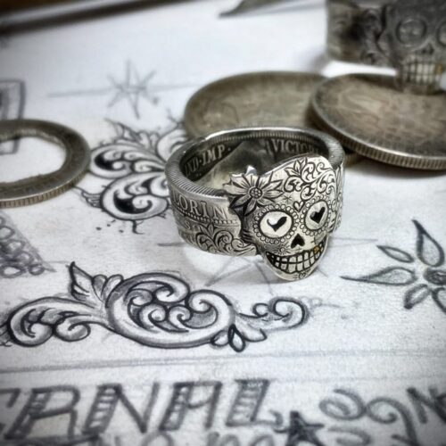 Day of the dead ring. Handmade, repurposed, upcycled, original silver coin day of the dead sugar skull rings