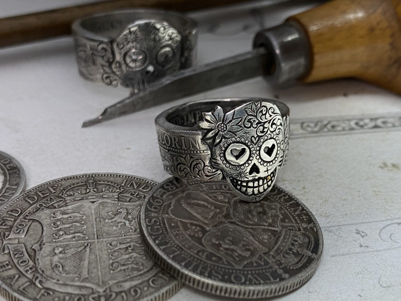 Day of the dead ring. Handmade, repurposed, upcycled, original silver coin day of the dead sugar skull rings