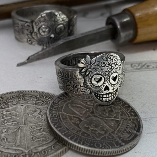 Day of the dead ring. Handmade, repurposed, upcycled, original silver coin day of the dead sugar skull rings