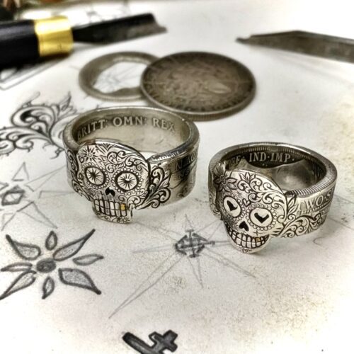 Day of the dead ring. Handmade, repurposed, upcycled, original silver coin day of the dead sugar skull rings