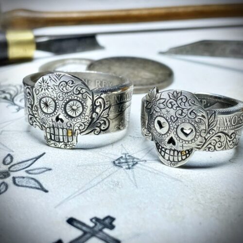 Day of the dead ring. Handmade, repurposed, upcycled, original silver coin day of the dead sugar skull rings