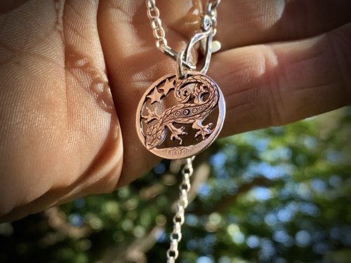 Handmade and repurposed silver sixpence coin lizard pendant necklace