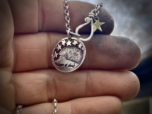 silver sixpence hedgehog necklace pendant handcrafted and ethical eco-conscious jewellery