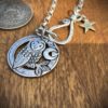 Handcrafted and upcycled silver sixpence coin owl pendant necklace