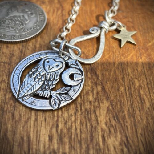 Handcrafted and upcycled silver sixpence coin owl pendant necklace