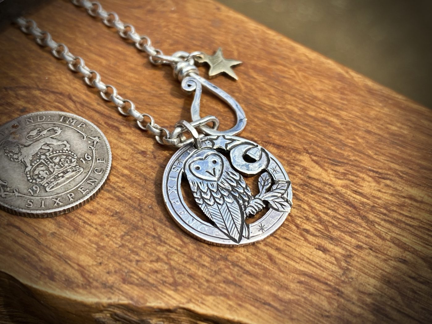 Handcrafted and upcycled silver sixpence coin owl pendant necklace