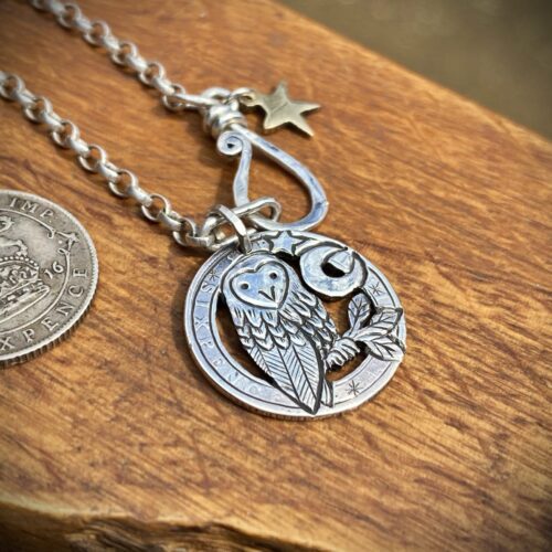 Handcrafted and upcycled silver sixpence coin owl pendant necklace