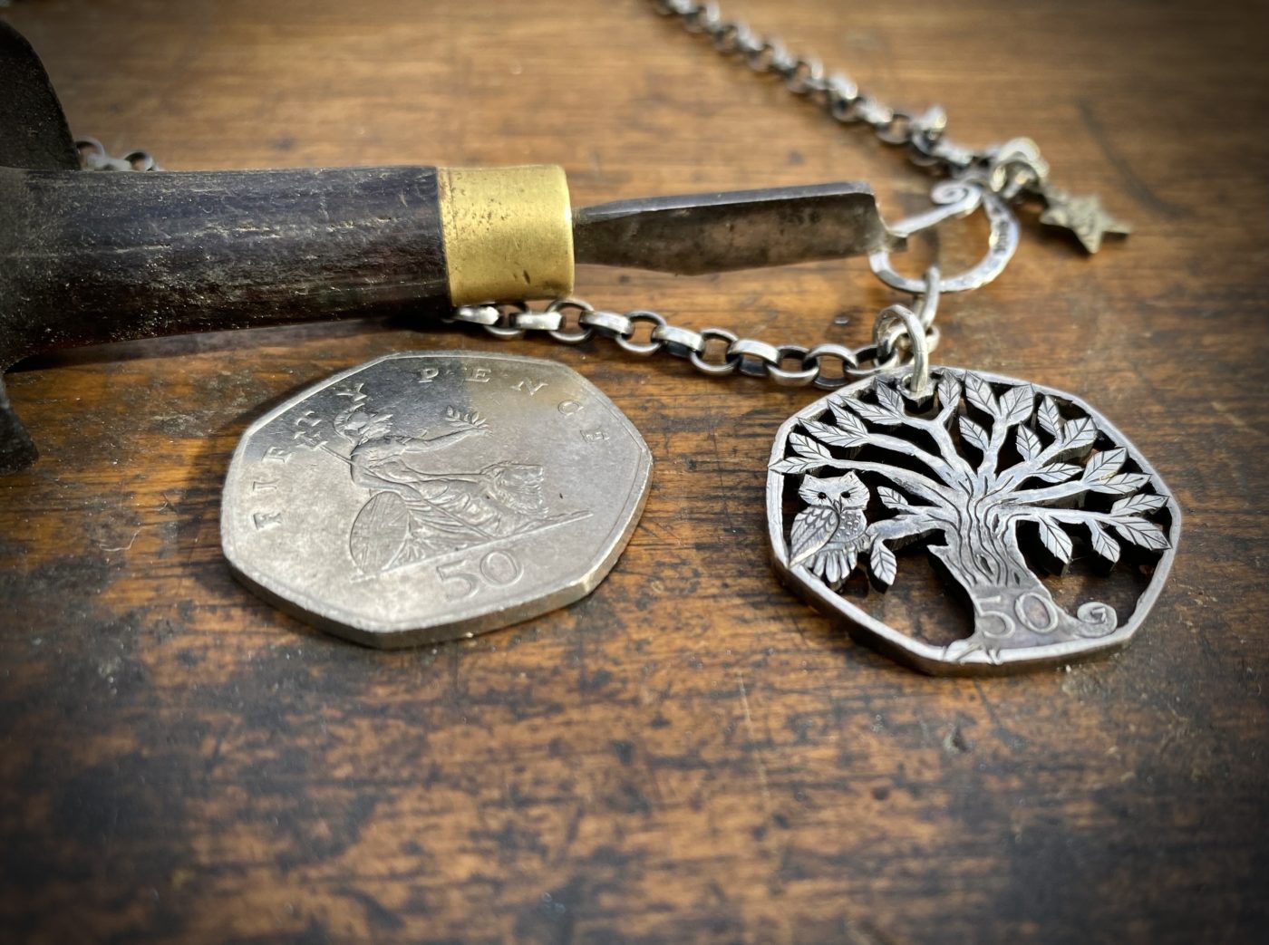 Handmade and upcycled coin owl in the tree pendant necklace