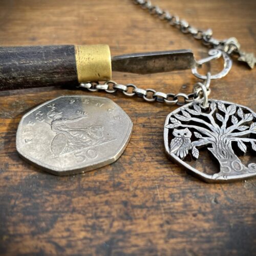 Handmade and upcycled coin owl in the tree pendant necklace