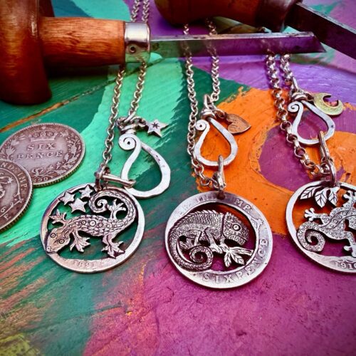 Handmade and repurposed silver sixpence coin lizard chameleon and gecko pendants necklace