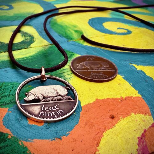 Hand-cut Irish pig half penny coin pendant