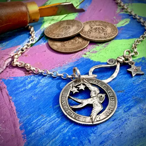 Handcrafted and repurposed silver sixpence coin birdsong swallow pendant necklace