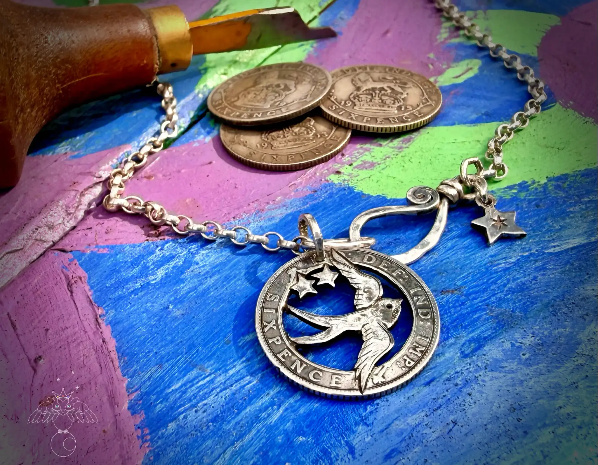 Handcrafted and repurposed silver sixpence coin birdsong swallow pendant necklace