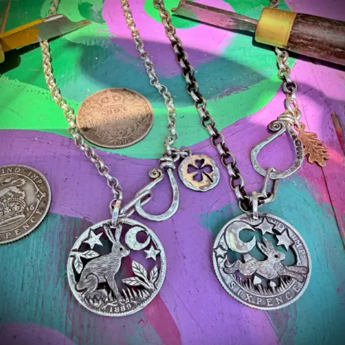 lucky sixpence hare jewellery made from original 120 year old silver coins. Crafted in Cambridge, England