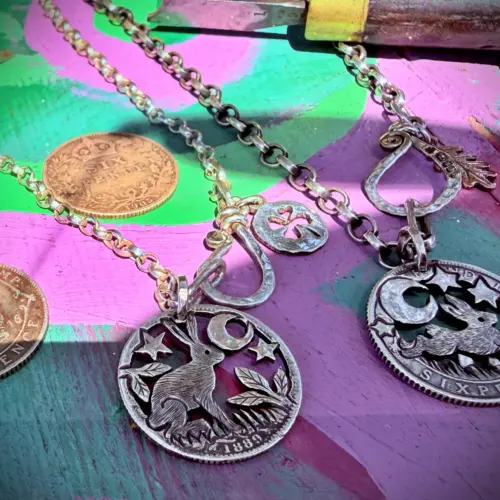 lucky sixpence hare jewellery made from original 120 year old silver coins. Crafted in Cambridge, England