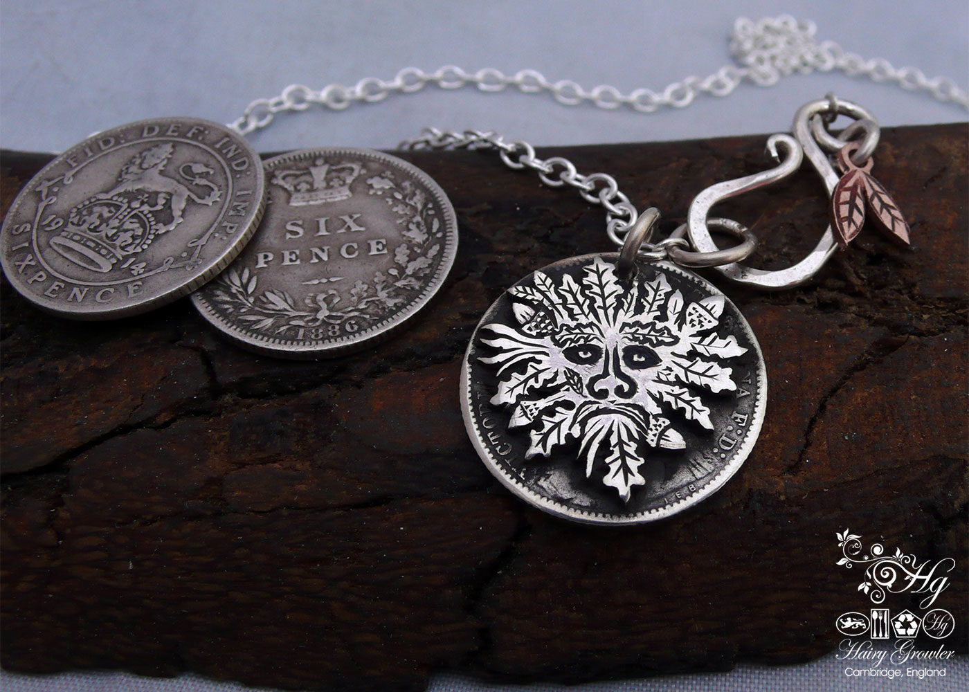 Handcrafted and recycled silver sixpence coin greenman pendant necklace