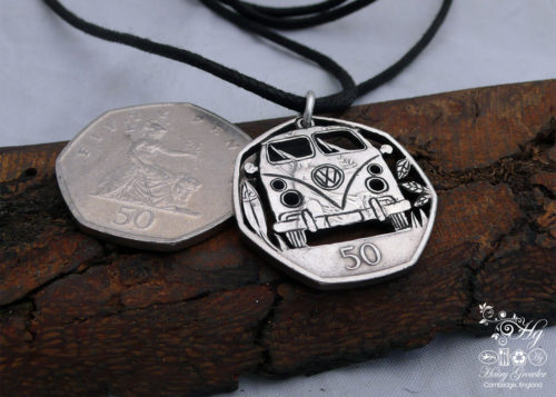Handmade and recycled coin vw split screen camper van pendant necklace