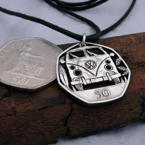 Handmade and recycled coin vw split screen camper van pendant necklace
