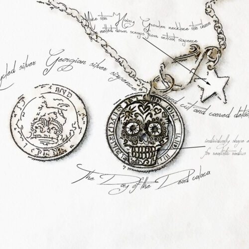 Hand-cut and recycled silver sixpence coin day-of-the-dead skull necklace