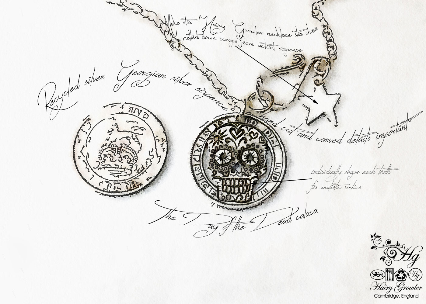 Hand-cut and recycled silver sixpence coin day-of-the-dead skull necklace