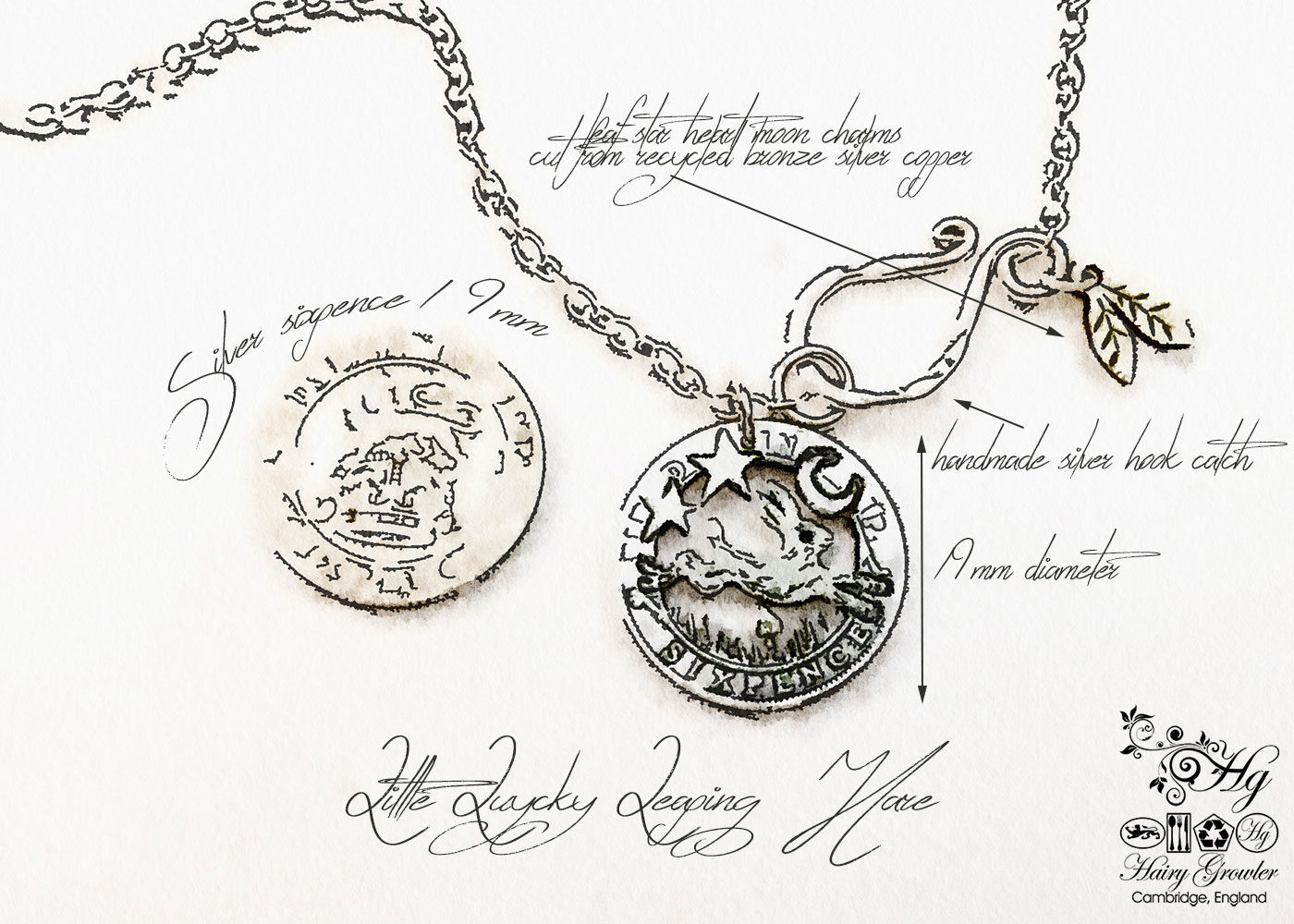 Handmade and upcycled silver sixpence coin leaping hare pendant necklace
