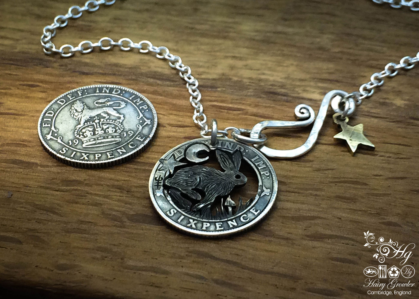 Handmade and upcycled silver sixpence coin mad march hare pendant necklace