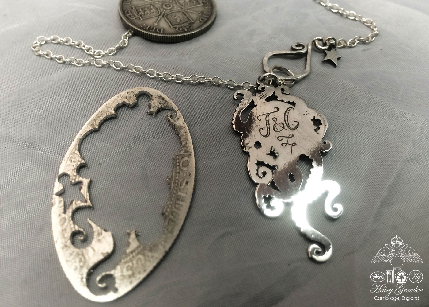 Handcrafted silver coin octopus necklace made in landlocked Cambridge, UK