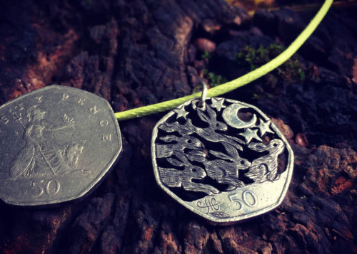 Magical hares and rabbits jewellery - Recycled out of circulation Fifty pence coin
