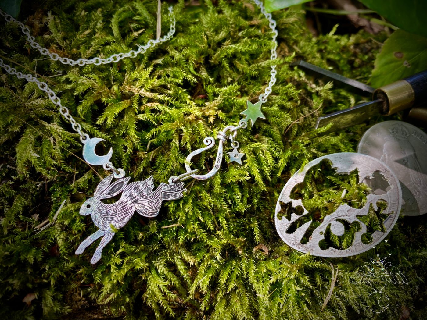Handmade and recycled sterling silver moon leaping hare necklace 兔年 首饰