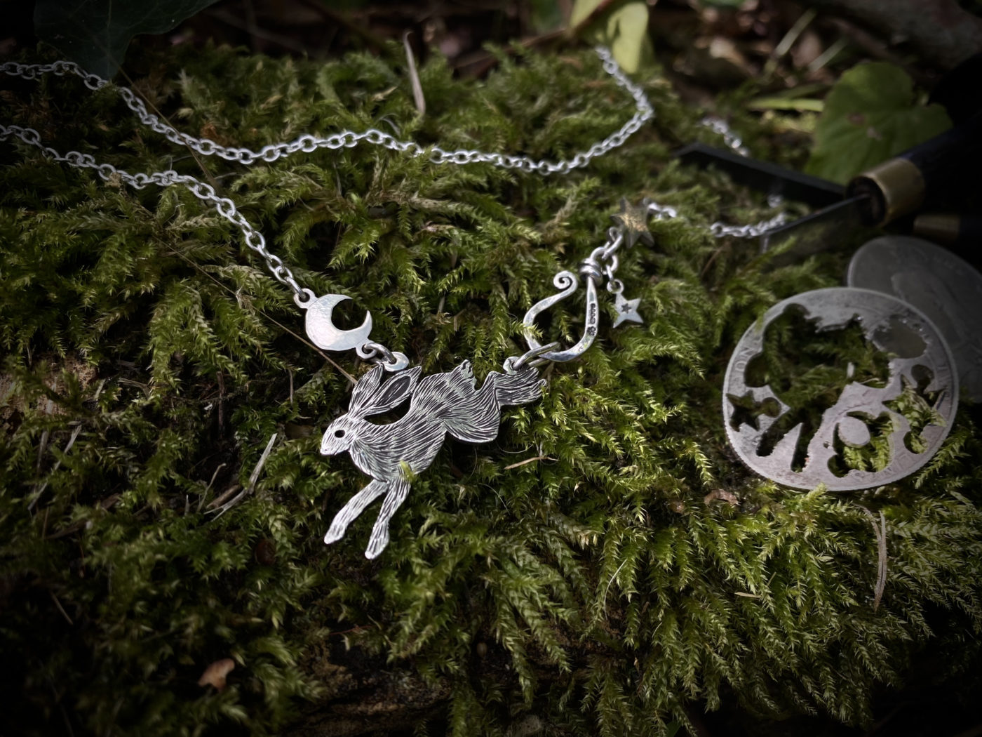 Handmade and recycled sterling silver moon leaping hare necklace