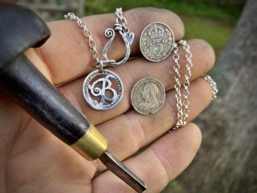 Handcrafted and recycled lucky silver threepence personal initial coin necklace pendant