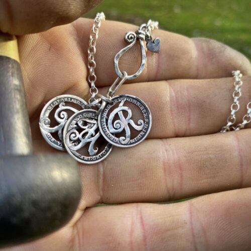 Handcrafted and recycled lucky silver threepence personal initial coin necklace pendant