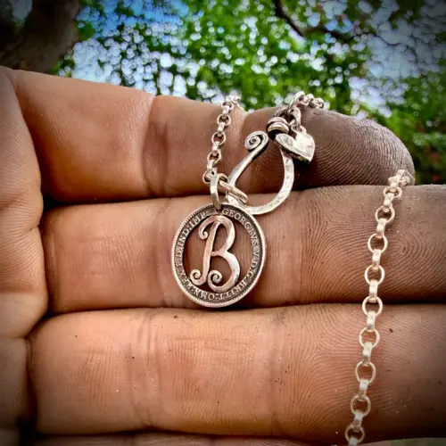 Handcrafted and recycled lucky silver threepence personal initial coin necklace pendant