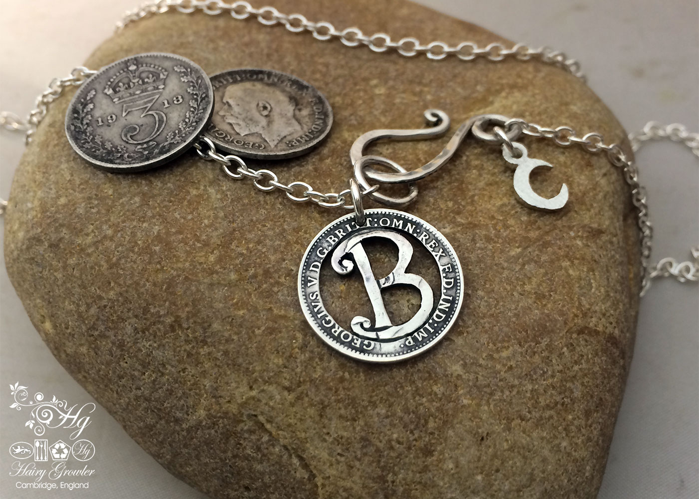 handmade, upcycled, contemporary and original silver coin initial necklace pendant